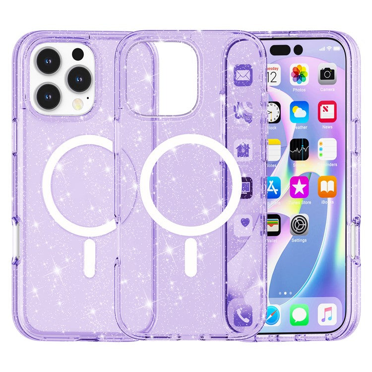 For iPhone 16 Pro Magnetic Case Compatible with MagSafe PC+TPU Glitter Phone Cover - Purple