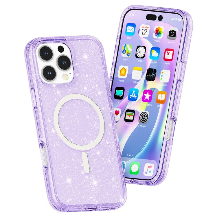 For iPhone 16 Pro Magnetic Case Compatible with MagSafe PC+TPU Glitter Phone Cover - Purple