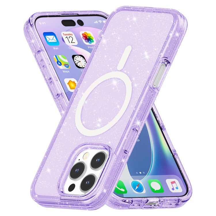 For iPhone 16 Pro Magnetic Case Compatible with MagSafe PC+TPU Glitter Phone Cover - Purple