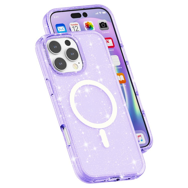 For iPhone 16 Pro Magnetic Case Compatible with MagSafe PC+TPU Glitter Phone Cover - Purple