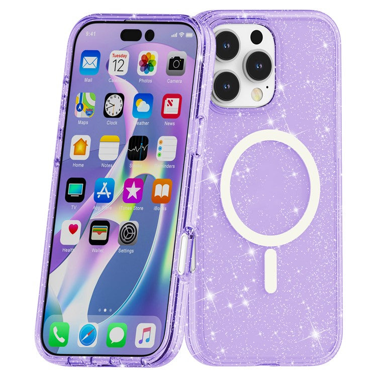 For iPhone 16 Pro Magnetic Case Compatible with MagSafe PC+TPU Glitter Phone Cover - Purple