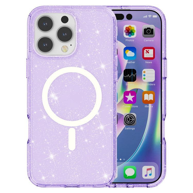 For iPhone 16 Pro Magnetic Case Compatible with MagSafe PC+TPU Glitter Phone Cover - Purple