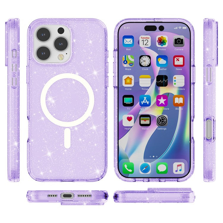 For iPhone 16 Pro Magnetic Case Compatible with MagSafe PC+TPU Glitter Phone Cover - Purple