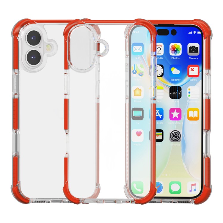 For iPhone 16 Plus Clear Mobile Phone Case TPU+TPE+PC Phone Cover - Transparent Red