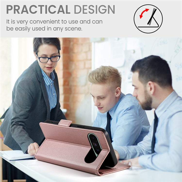 DF-010 For Google Pixel 9 / 9 Pro Case Side Magnetic Clasps Leather Stand Phone Cover - Rose Gold