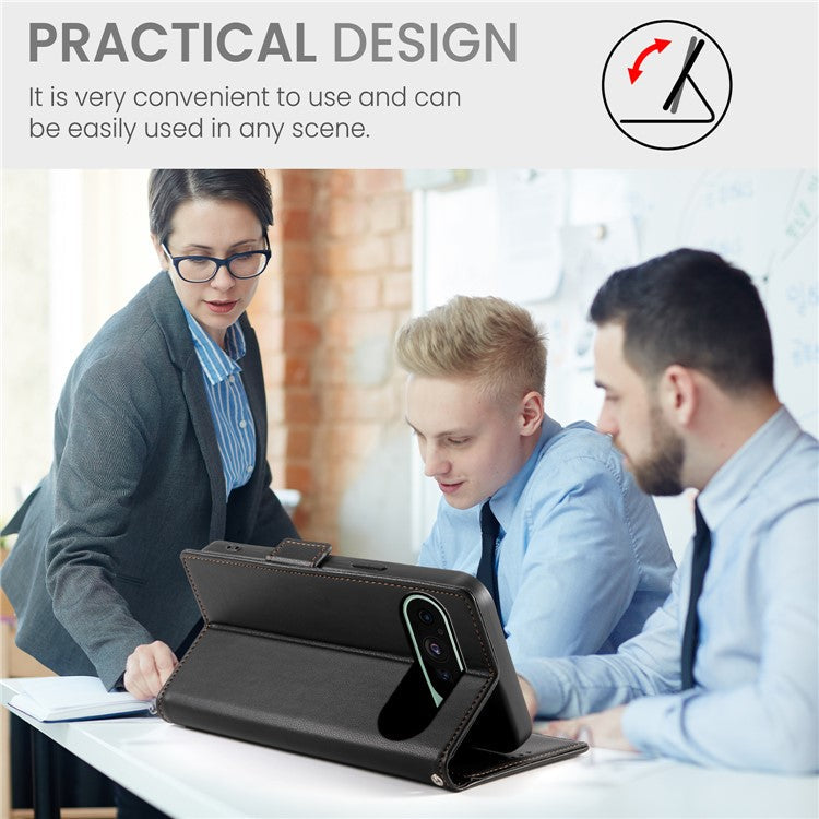 DF-010 For Google Pixel 9 / 9 Pro Case Side Magnetic Clasps Leather Stand Phone Cover - Black