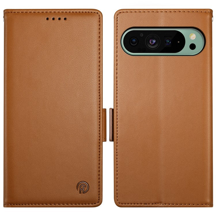 DF-010 For Google Pixel 9 / 9 Pro Case Side Magnetic Clasps Leather Stand Phone Cover - Brown