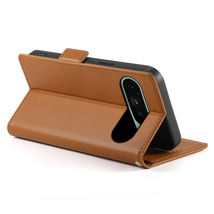 DF-010 For Google Pixel 9 / 9 Pro Case Side Magnetic Clasps Leather Stand Phone Cover - Brown