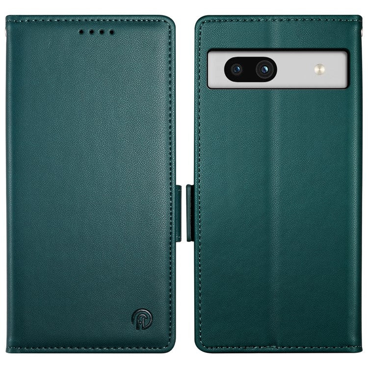 DF-010 For Google Pixel 7a Case Dual Magnetic Clasps PU Leather Flip Phone Cover - Blackish Green
