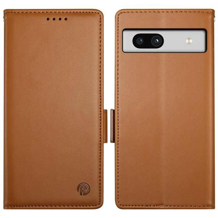 DF-010 For Google Pixel 7a Case Dual Magnetic Clasps PU Leather Flip Phone Cover - Brown