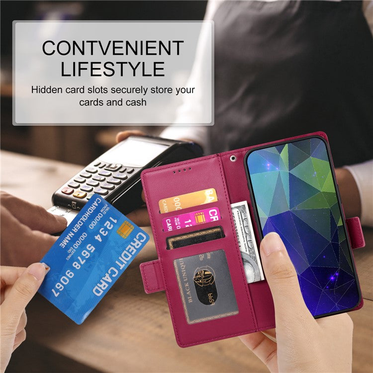 DF-010 For Realme C67 4G Case Leather Wallet Phone Cover with Magnetic Clasps - Wine Red