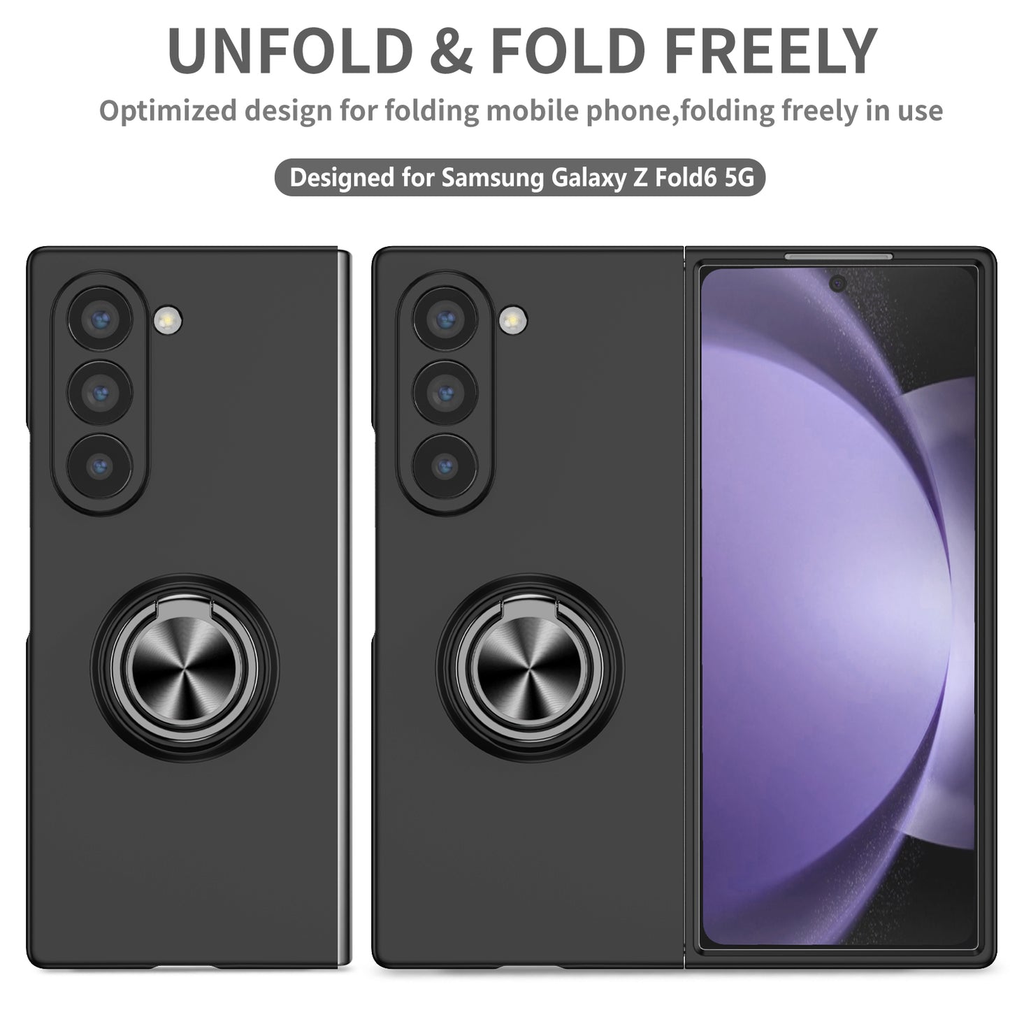 For Samsung Galaxy Z Fold6 5G Case Ring Kickstand PC Phone Cover Support Car Mount - Black