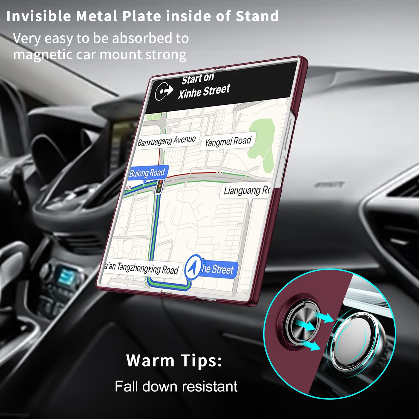 For Samsung Galaxy Z Fold6 5G Case Ring Kickstand PC Phone Cover Support Car Mount - Wine Red