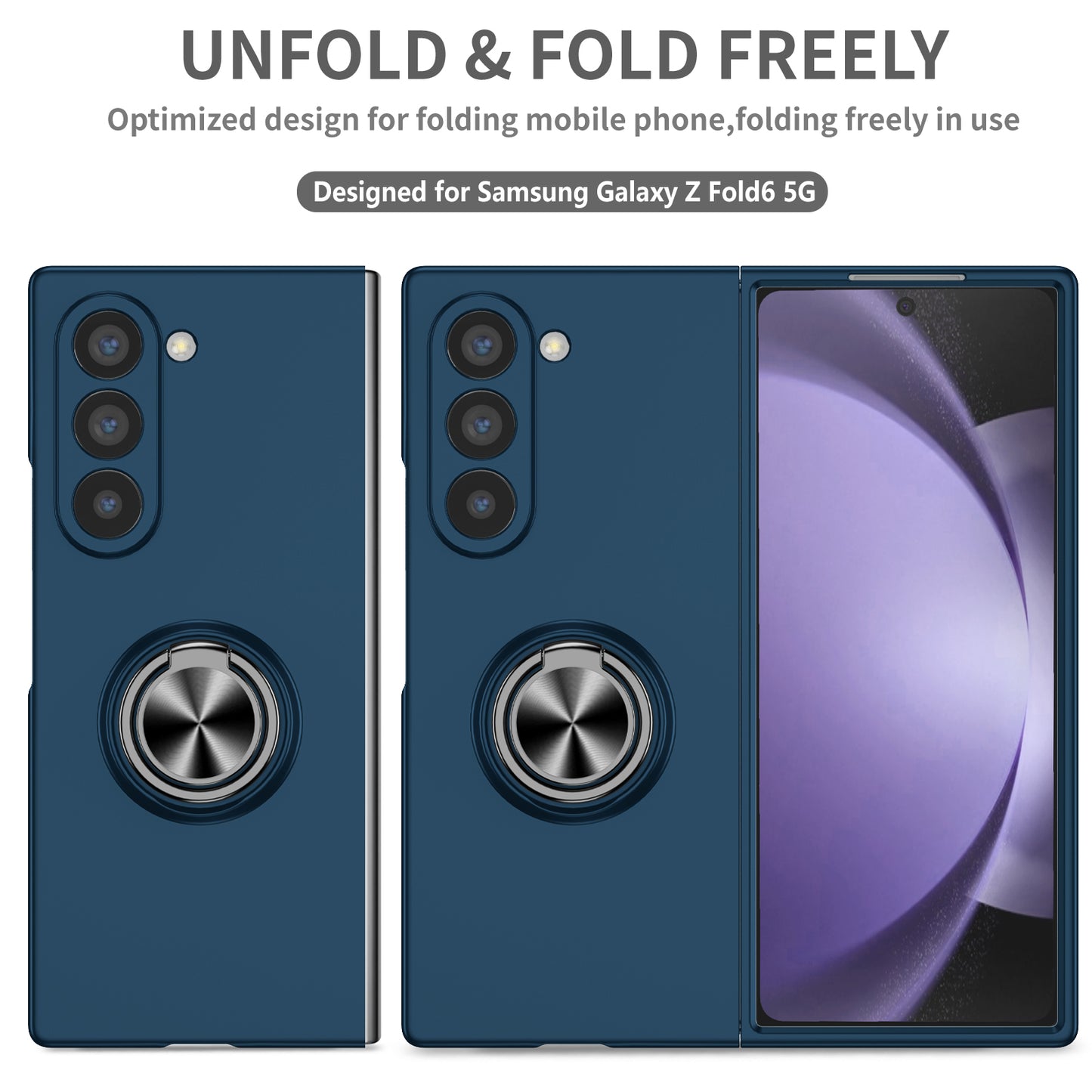 For Samsung Galaxy Z Fold6 5G Case Ring Kickstand PC Phone Cover Support Car Mount - Dark Blue