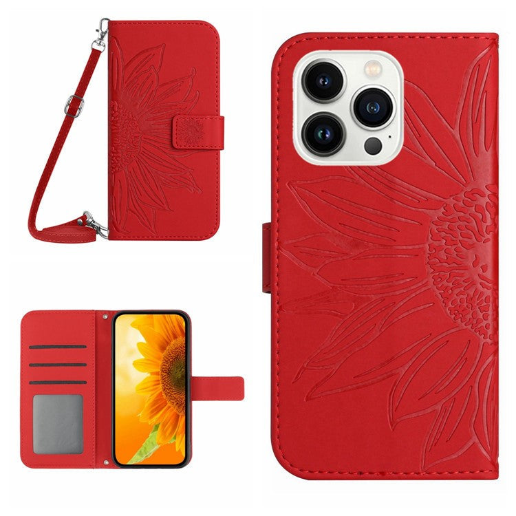 HT04 For iPhone 16 Pro Case Sunflower Imprint Leather Phone Cover with Shoulder Strap - Red