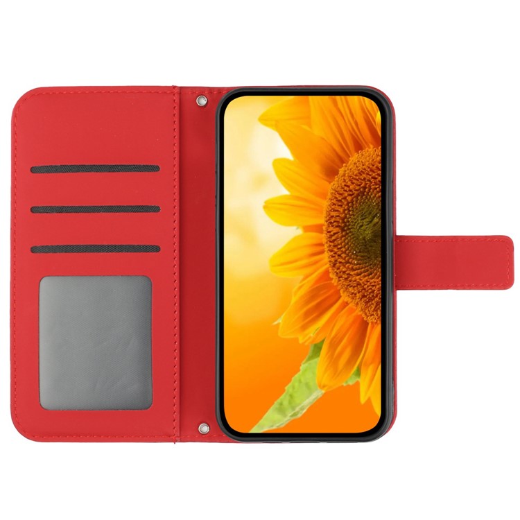 HT04 For iPhone 16 Pro Case Sunflower Imprint Leather Phone Cover with Shoulder Strap - Red