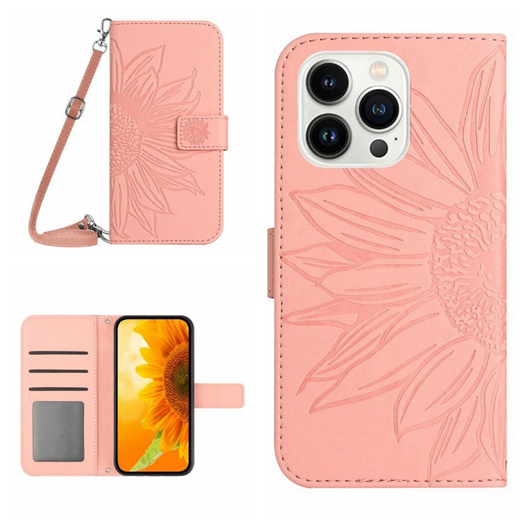 HT04 For iPhone 16 Pro Case Sunflower Imprint Leather Phone Cover with Shoulder Strap - Pink