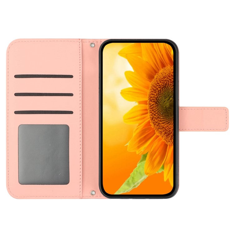 HT04 For iPhone 16 Pro Case Sunflower Imprint Leather Phone Cover with Shoulder Strap - Pink