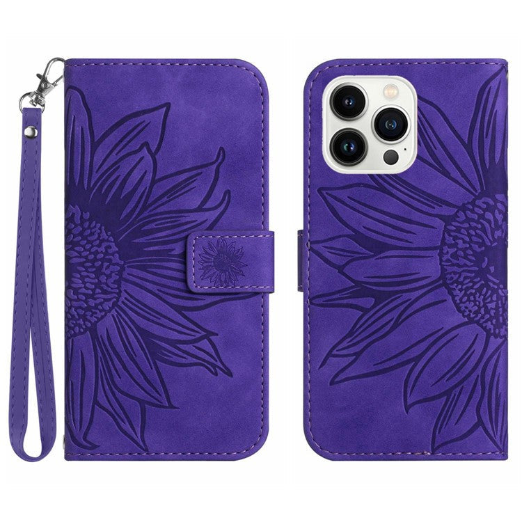 HT04 For iPhone 16 Pro Case Sunflower Imprint Leather Flip Phone Cover with Hand Strap - Dark Purple