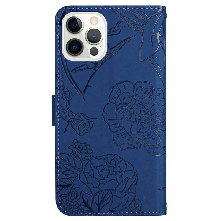 HT03 For iPhone 16 Pro Case Butterfly Flower Imprinted PU Leather Phone Cover - Blue