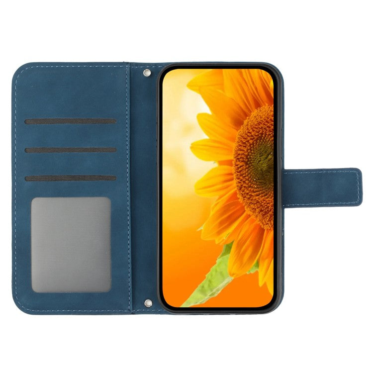 HT04 For iPhone 16 Plus Case with Shoulder Strap Leather Phone Cover Sunflower Pattern - Dark Blue
