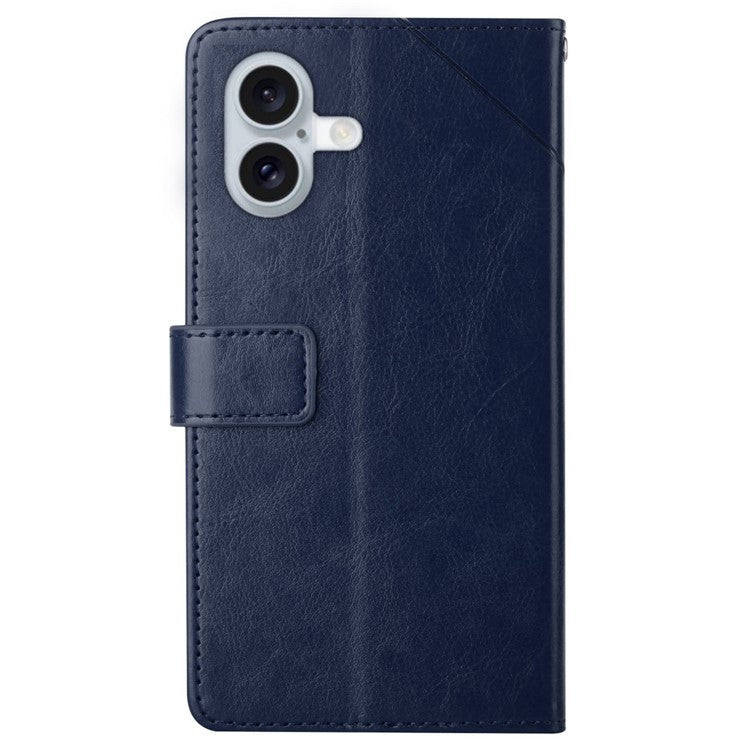 HT01 For iPhone 16 Plus Case Flip Leather Wallet Phone Cover with Y-Shaped Lines - Blue