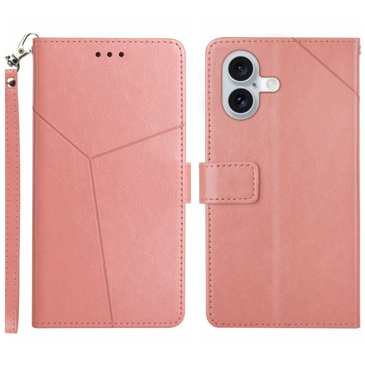 HT01 For iPhone 16 Case Y-Shaped Lines PU Leather Phone Cover with Wrist Strap - Pink