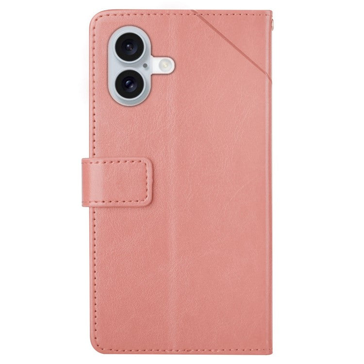 HT01 For iPhone 16 Case Y-Shaped Lines PU Leather Phone Cover with Wrist Strap - Pink