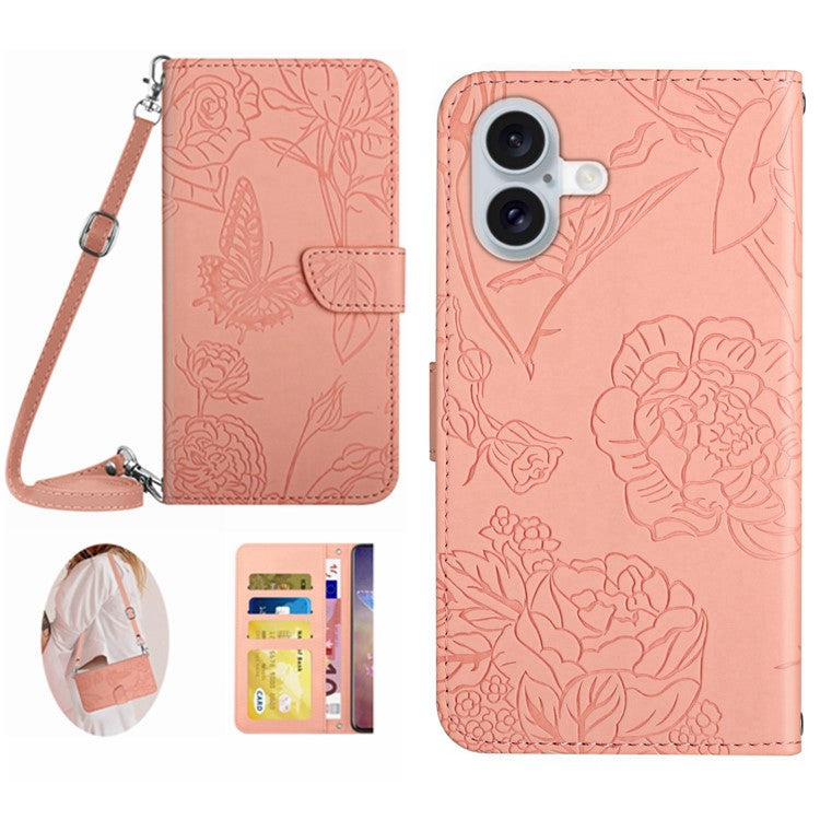 HT03 For iPhone 16 Case Butterfly Flowers Leather Crossbody Phone Cover Skin-Touch - Pink