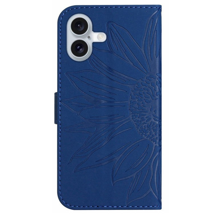 HT04 For iPhone 16 Case Sunflower Imprint Leather Wallet Phone Cover with Hand Strap - Sapphire