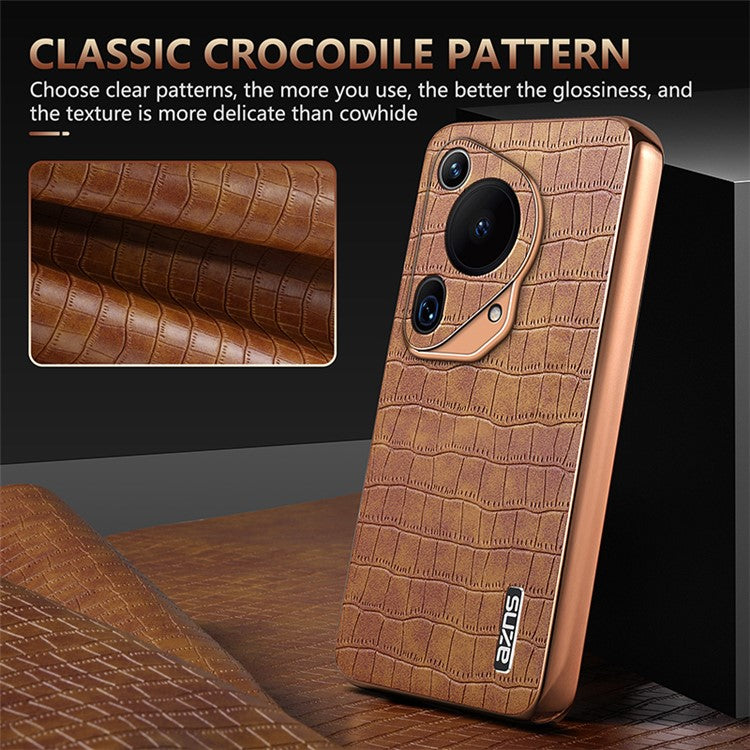 AZNS For Huawei Pura 70 Ultra Case Leather Electroplating Phone Cover Crocodile Pattern Textured - Black