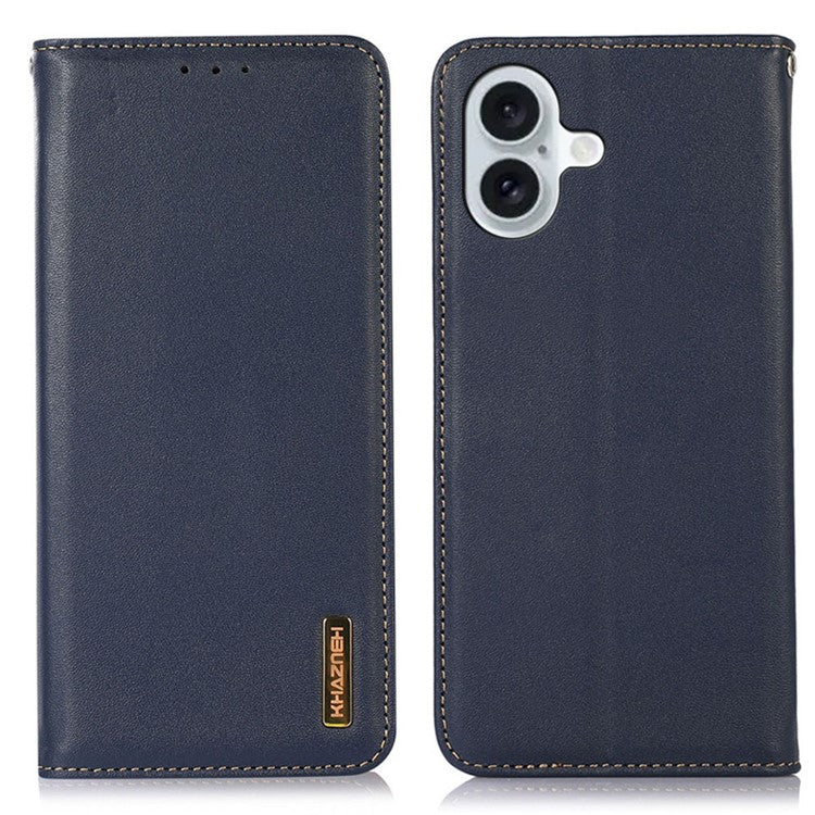 KHAZNEH For iPhone 16 Plus Case Genuine Cow Leather Phone Cover Nappa Texture - Blue