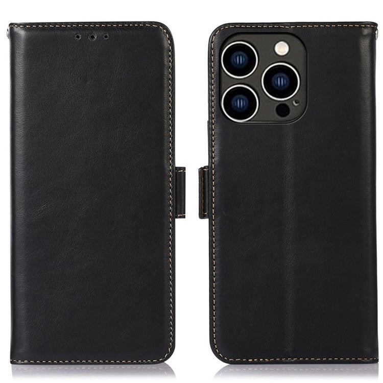 Genuine Cow Leather Phone Case for iPhone 16 Pro RFID Blocking Wallet Stand Cover - Black