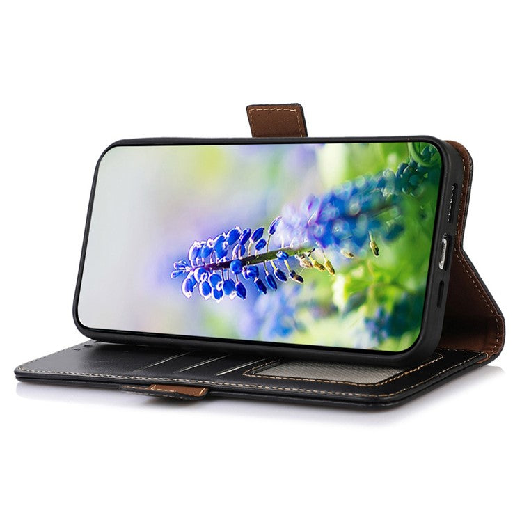 Genuine Cow Leather Phone Case for iPhone 16 Pro RFID Blocking Wallet Stand Cover - Black