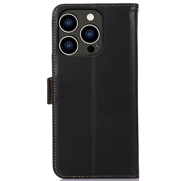 Genuine Cow Leather Phone Case for iPhone 16 Pro RFID Blocking Wallet Stand Cover - Black