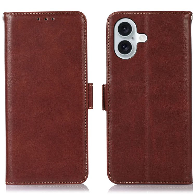 For iPhone 16 Case RFID Blocking Genuine Cow Leather Purse Flip Cover Crazy Horse Texture - Brown