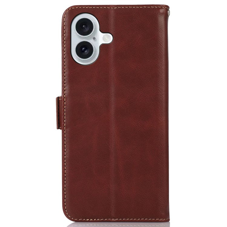 For iPhone 16 Case RFID Blocking Genuine Cow Leather Purse Flip Cover Crazy Horse Texture - Brown