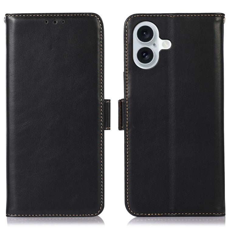 For iPhone 16 Case RFID Blocking Genuine Cow Leather Purse Flip Cover Crazy Horse Texture - Black