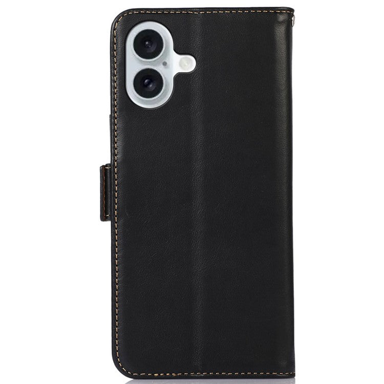 For iPhone 16 Case RFID Blocking Genuine Cow Leather Purse Flip Cover Crazy Horse Texture - Black