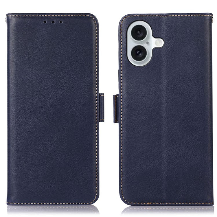 For iPhone 16 Plus Case Genuine Cow Leather Phone Cover with Card Holder RFID Blocking - Blue