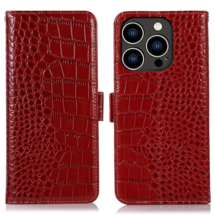 For iPhone 16 Pro Stand Case RFID Blocking Genuine Cow Leather Wallet Phone Cover - Red
