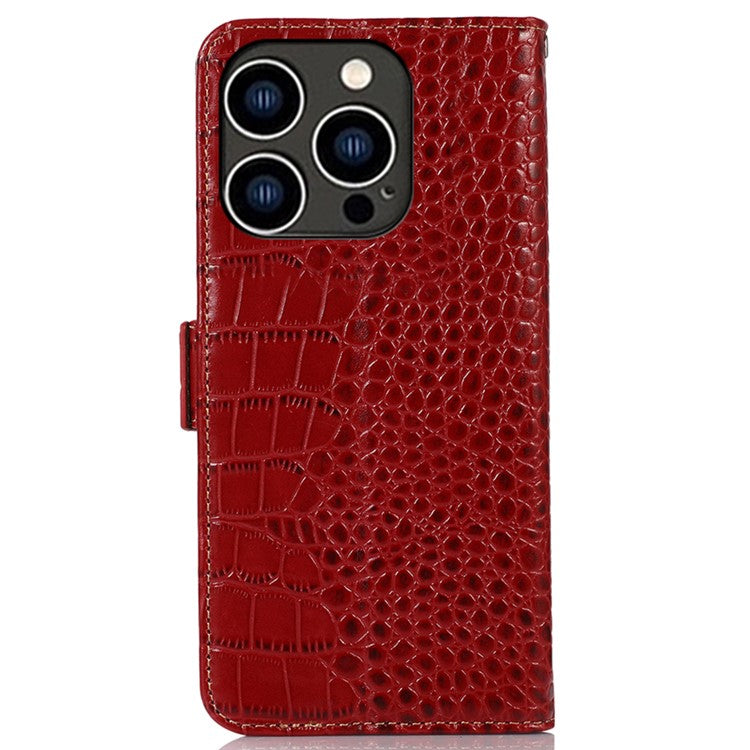 For iPhone 16 Pro Stand Case RFID Blocking Genuine Cow Leather Wallet Phone Cover - Red