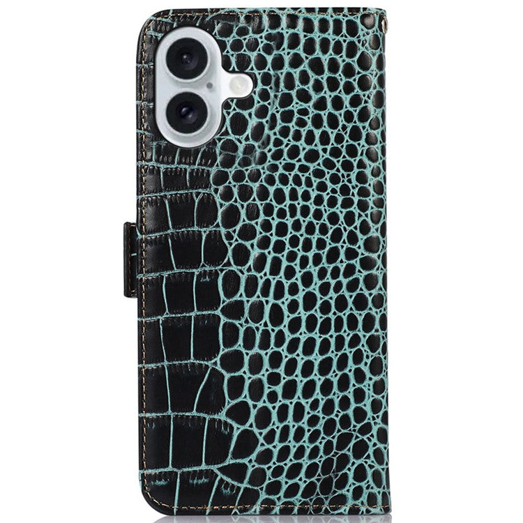 For iPhone 16 Plus Wallet Case RFID Blocking Genuine Cow Leather Phone Cover - Green