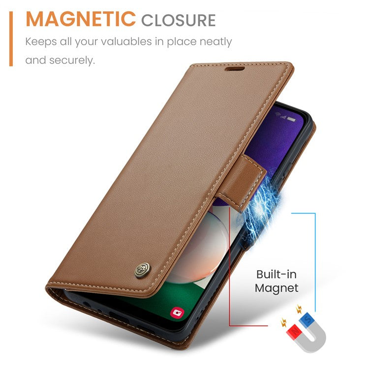 CASEME 023 Series For Samsung Galaxy A22 5G (EU Version) / F42 5G Wallet Case RFID Blocking Phone Cover - Brown