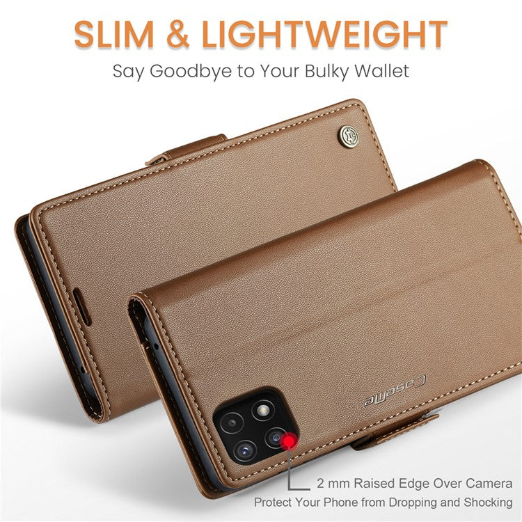 CASEME 023 Series For Samsung Galaxy A22 5G (EU Version) / F42 5G Wallet Case RFID Blocking Phone Cover - Brown