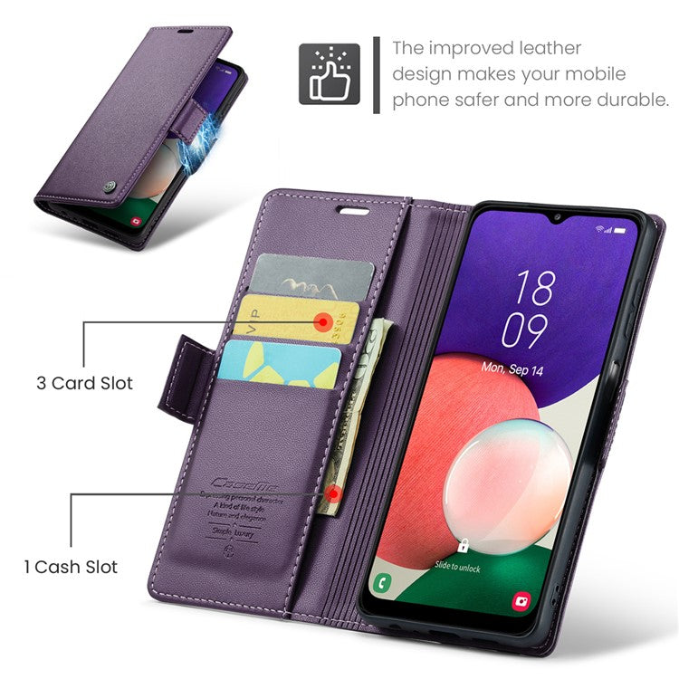 CASEME 023 Series For Samsung Galaxy A22 5G (EU Version) / F42 5G Wallet Case RFID Blocking Phone Cover - Purple