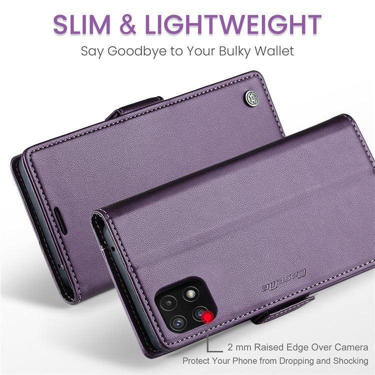 CASEME 023 Series For Samsung Galaxy A22 5G (EU Version) / F42 5G Wallet Case RFID Blocking Phone Cover - Purple