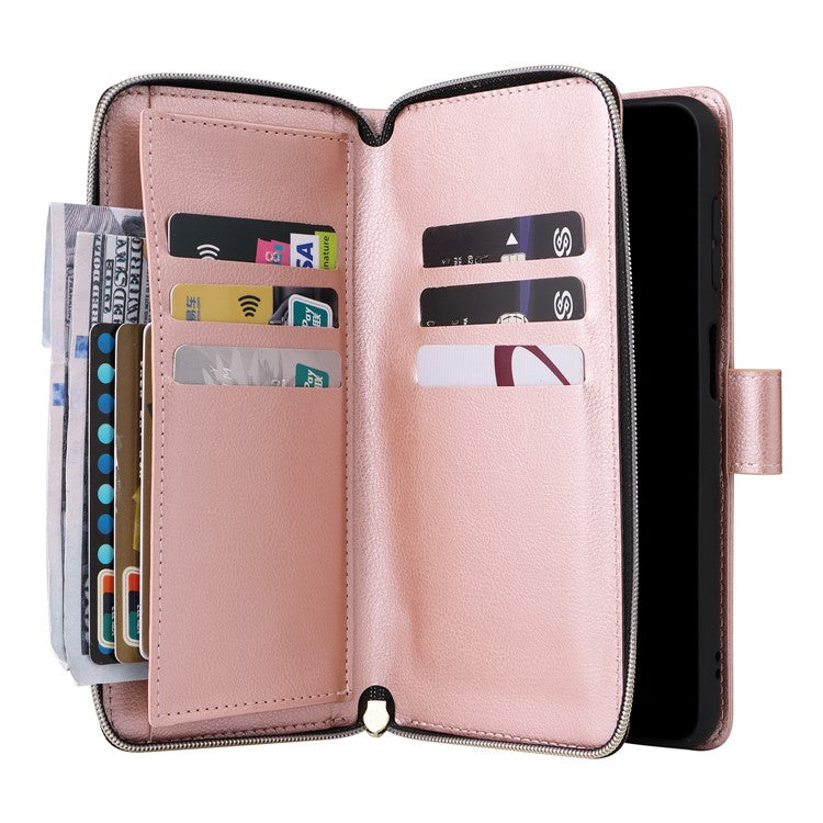 For Samsung Galaxy A14 5G Case 9 Card Slots PU Leather Zipper Phone Cover - Rose Gold