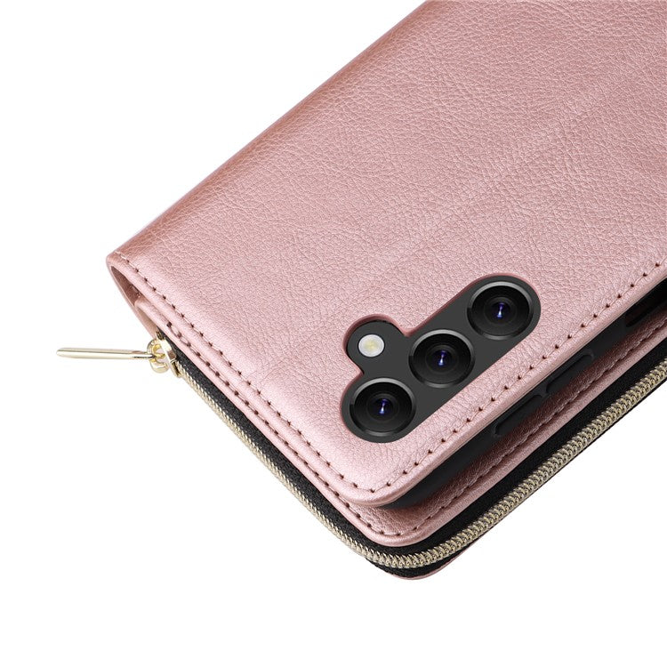 For Samsung Galaxy A14 5G Case 9 Card Slots PU Leather Zipper Phone Cover - Rose Gold