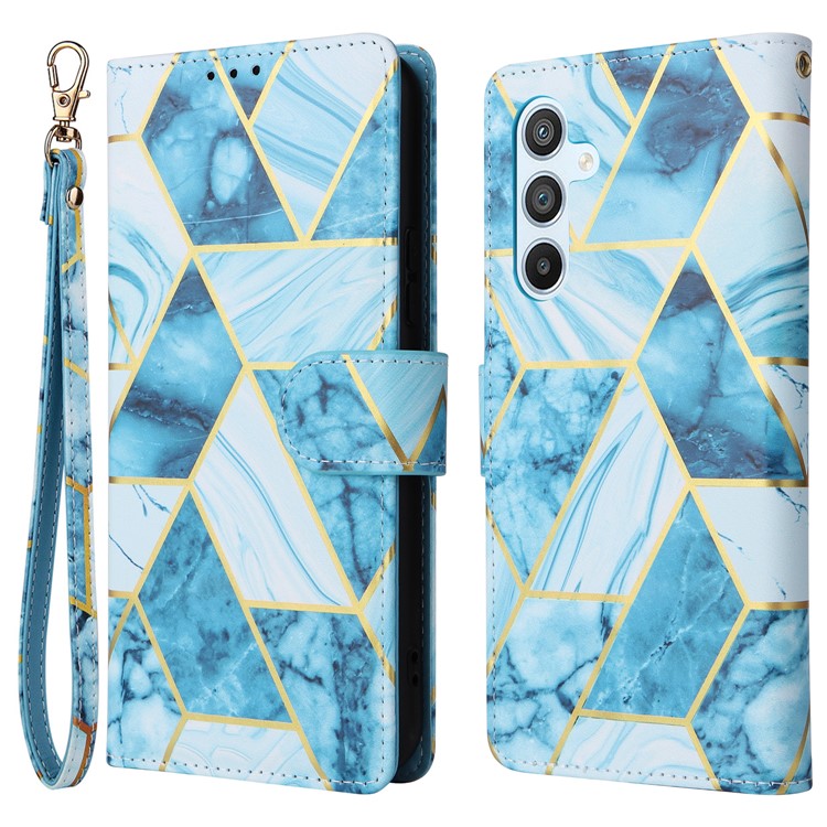 For Samsung Galaxy A54 5G Case with Wrist Strap Wallet Leather Phone Cover Marble Pattern - Blue